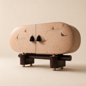 el boyama desenli büfe, oval form modern konsol, özel üretim sanatsal büfe, sipariş mobilya dekoratif dolap, ısmarlama ahşap büfe