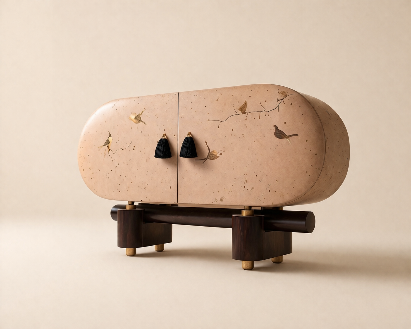 el boyama desenli büfe, oval form modern konsol, özel üretim sanatsal büfe, sipariş mobilya dekoratif dolap, ısmarlama ahşap büfe