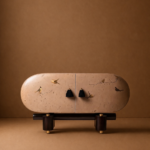 el boyama desenli büfe, oval form modern konsol, özel üretim sanatsal büfe, sipariş mobilya dekoratif dolap, ısmarlama ahşap büfe