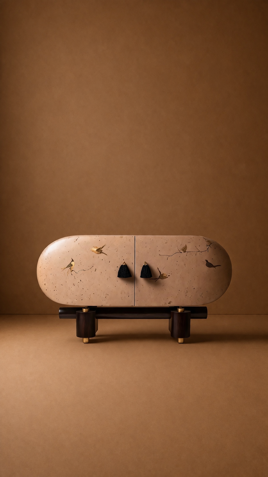 el boyama desenli büfe, oval form modern konsol, özel üretim sanatsal büfe, sipariş mobilya dekoratif dolap, ısmarlama ahşap büfe