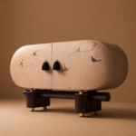 el boyama desenli büfe, oval form modern konsol, özel üretim sanatsal büfe, sipariş mobilya dekoratif dolap, ısmarlama ahşap büfe