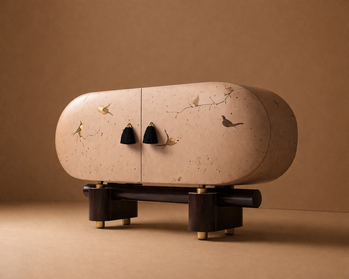 el boyama desenli büfe, oval form modern konsol, özel üretim sanatsal büfe, sipariş mobilya dekoratif dolap, ısmarlama ahşap büfe