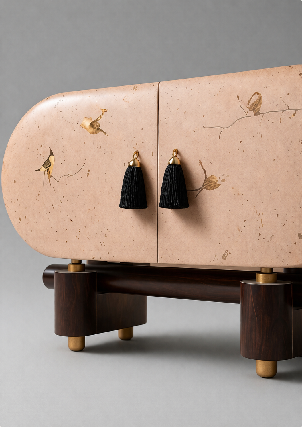 el boyama desenli büfe, oval form modern konsol, özel üretim sanatsal büfe, sipariş mobilya dekoratif dolap, ısmarlama ahşap büfe