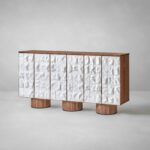 dokulu panel büfe dolabı, seramik efekt kapaklı modern büfe, ceviz gövdeli tasarım konsol, özel üretim büfe mobilya, ısmarlama depolama ünitesi