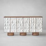 dokulu panel büfe dolabı, seramik efekt kapaklı modern büfe, ceviz gövdeli tasarım konsol, özel üretim büfe mobilya, ısmarlama depolama ünitesi