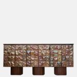 dokulu panel büfe dolabı, seramik efekt kapaklı modern büfe, ceviz gövdeli tasarım konsol, özel üretim büfe mobilya, ısmarlama depolama ünitesi