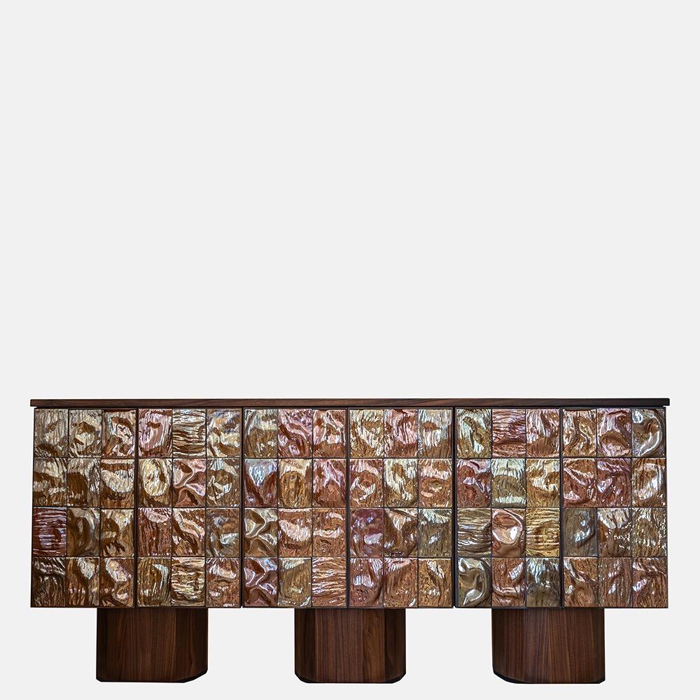 dokulu panel büfe dolabı, seramik efekt kapaklı modern büfe, ceviz gövdeli tasarım konsol, özel üretim büfe mobilya, ısmarlama depolama ünitesi