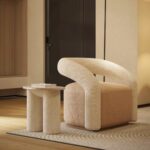 organik form berjer koltuk, özel üretim kavisli berjer, özel ölçü bukle kumaş koltuk, ısmarlama modern berjer tasarımı, heykelsi tek kol form koltuk