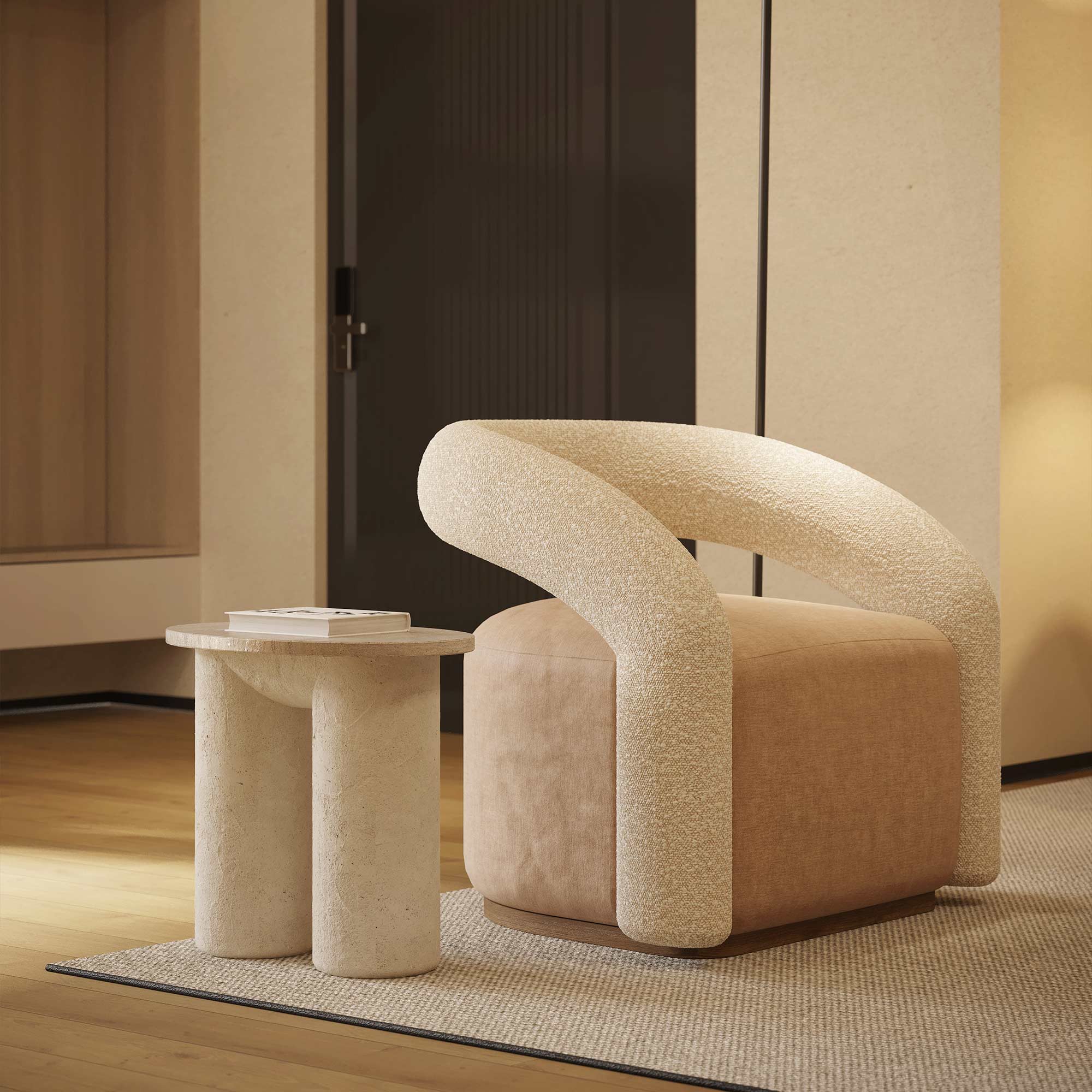 organik form berjer koltuk, özel üretim kavisli berjer, özel ölçü bukle kumaş koltuk, ısmarlama modern berjer tasarımı, heykelsi tek kol form koltuk