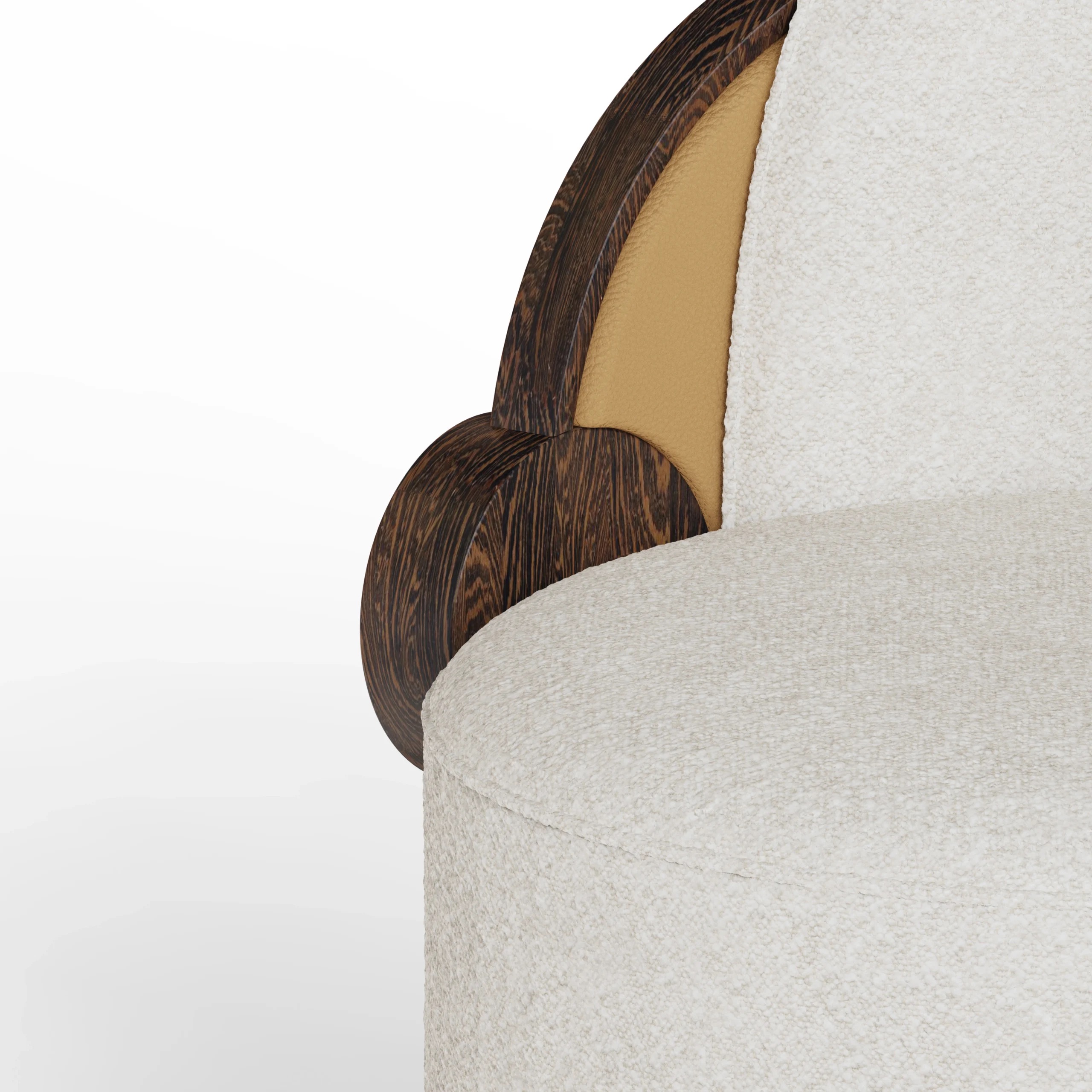 yuvarlak form modern koltuk, ahşap detaylı lounge chair, özel üretim tasarım koltuk, sipariş mobilya berjer, ısmarlama deri detaylı koltuk