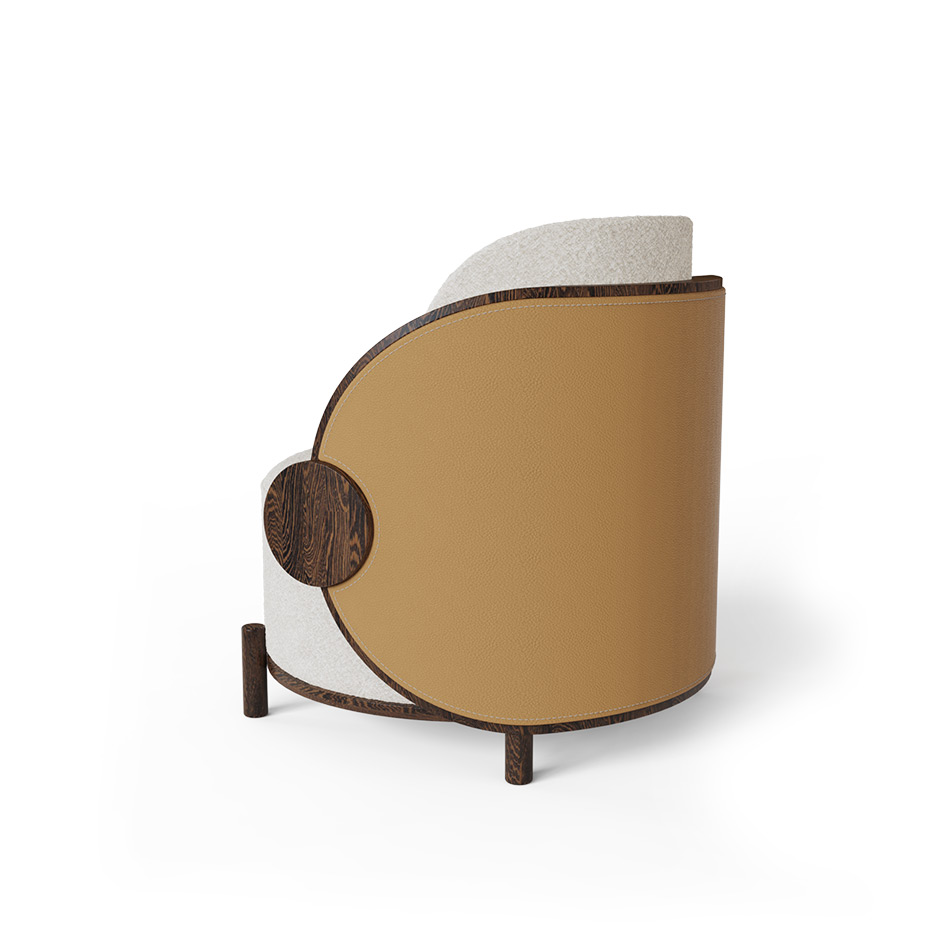 yuvarlak form modern koltuk, ahşap detaylı lounge chair, özel üretim tasarım koltuk, sipariş mobilya berjer, ısmarlama deri detaylı koltuk