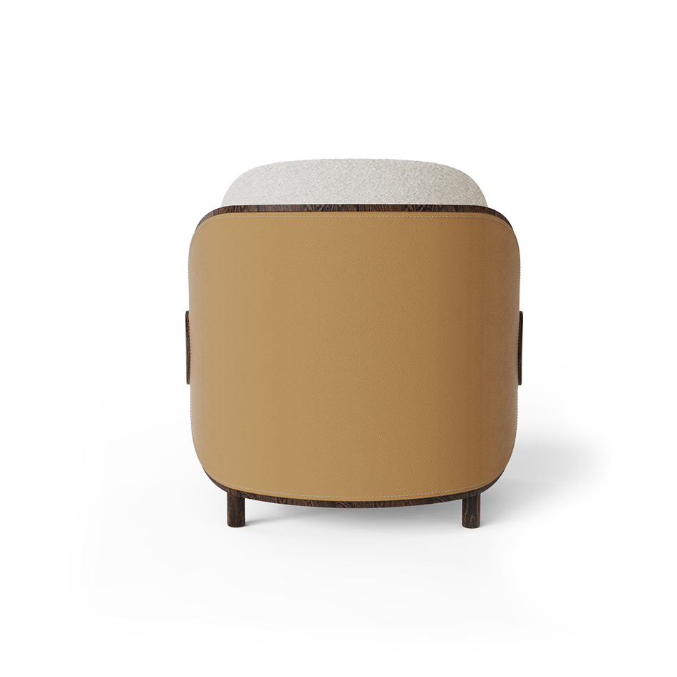 yuvarlak form modern koltuk, ahşap detaylı lounge chair, özel üretim tasarım koltuk, sipariş mobilya berjer, ısmarlama deri detaylı koltuk