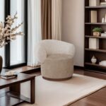 özel üretim döner koltuk, özel ölçü yuvarlak koltuk, boucle kumaş modern koltuk, ısmarlama lounge koltuk ahşap tabanlı, yumuşak form minimal koltuk