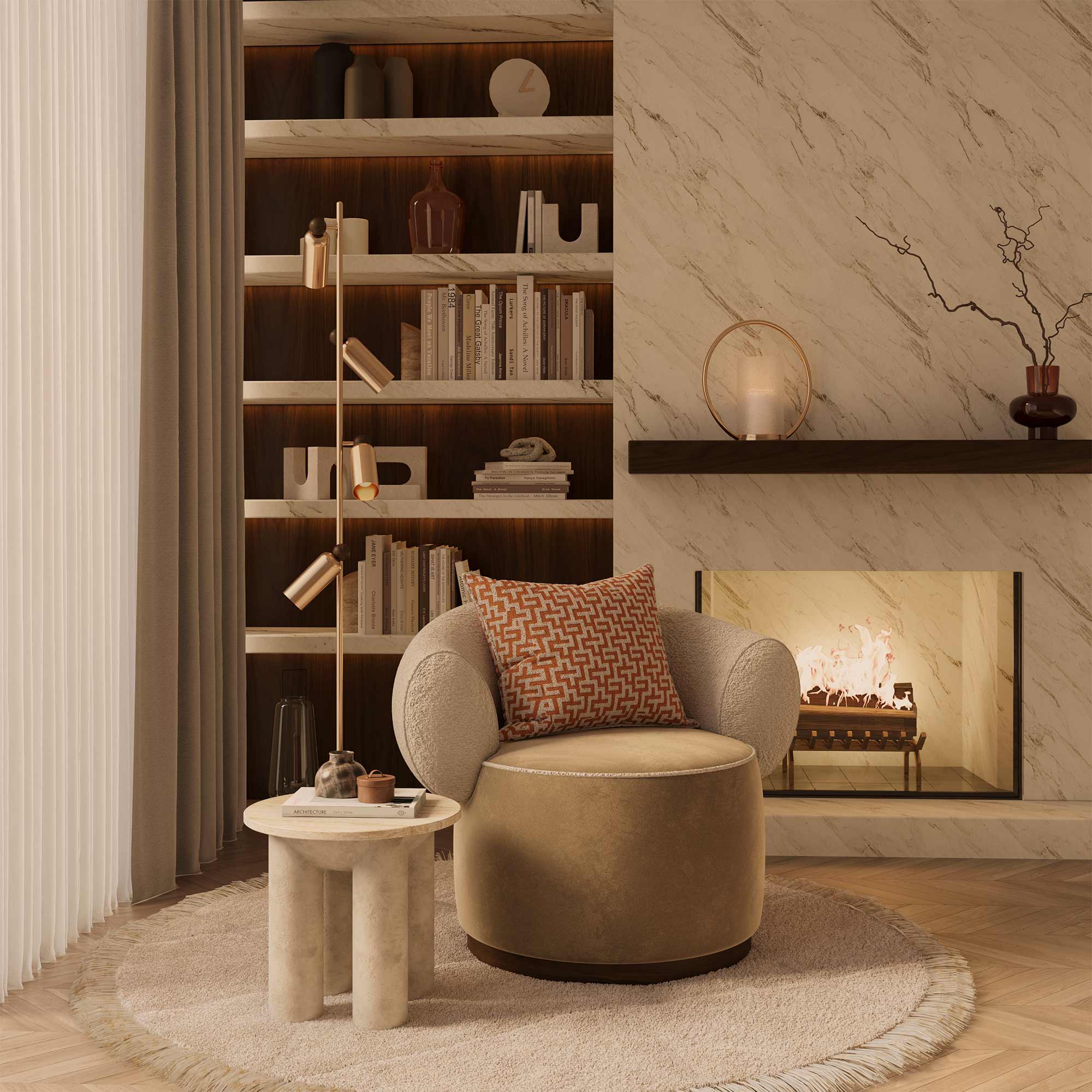 özel üretim döner koltuk, özel ölçü yuvarlak koltuk, boucle kumaş modern koltuk, ısmarlama lounge koltuk ahşap tabanlı, yumuşak form minimal koltuk