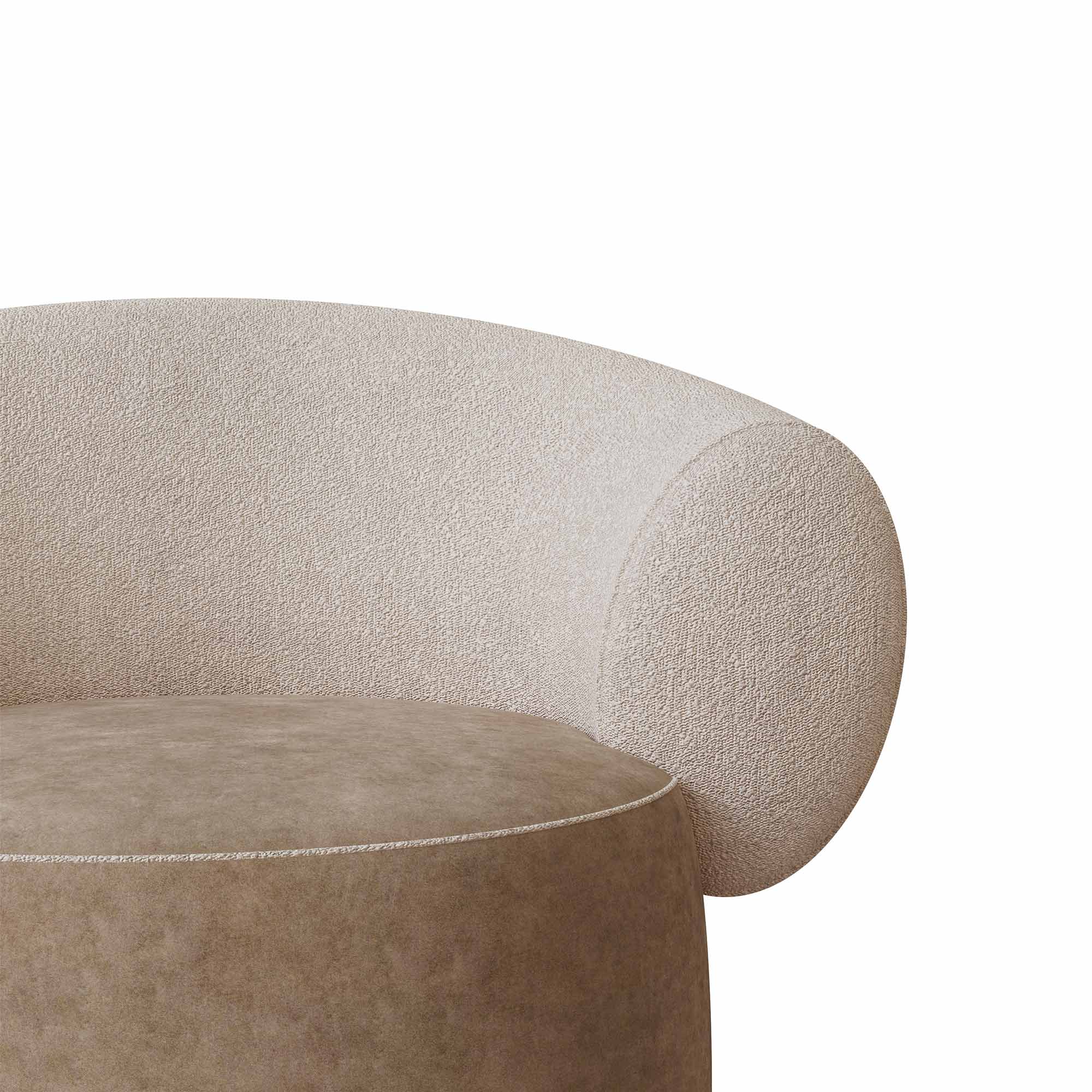 özel üretim döner koltuk, özel ölçü yuvarlak koltuk, boucle kumaş modern koltuk, ısmarlama lounge koltuk ahşap tabanlı, yumuşak form minimal koltuk