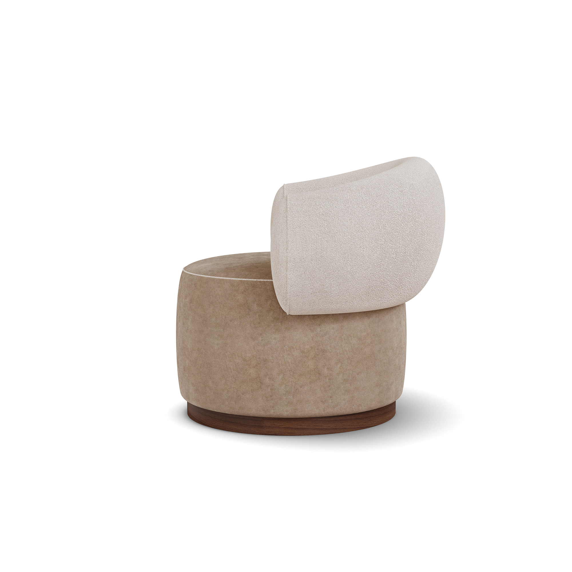 özel üretim döner koltuk, özel ölçü yuvarlak koltuk, boucle kumaş modern koltuk, ısmarlama lounge koltuk ahşap tabanlı, yumuşak form minimal koltuk