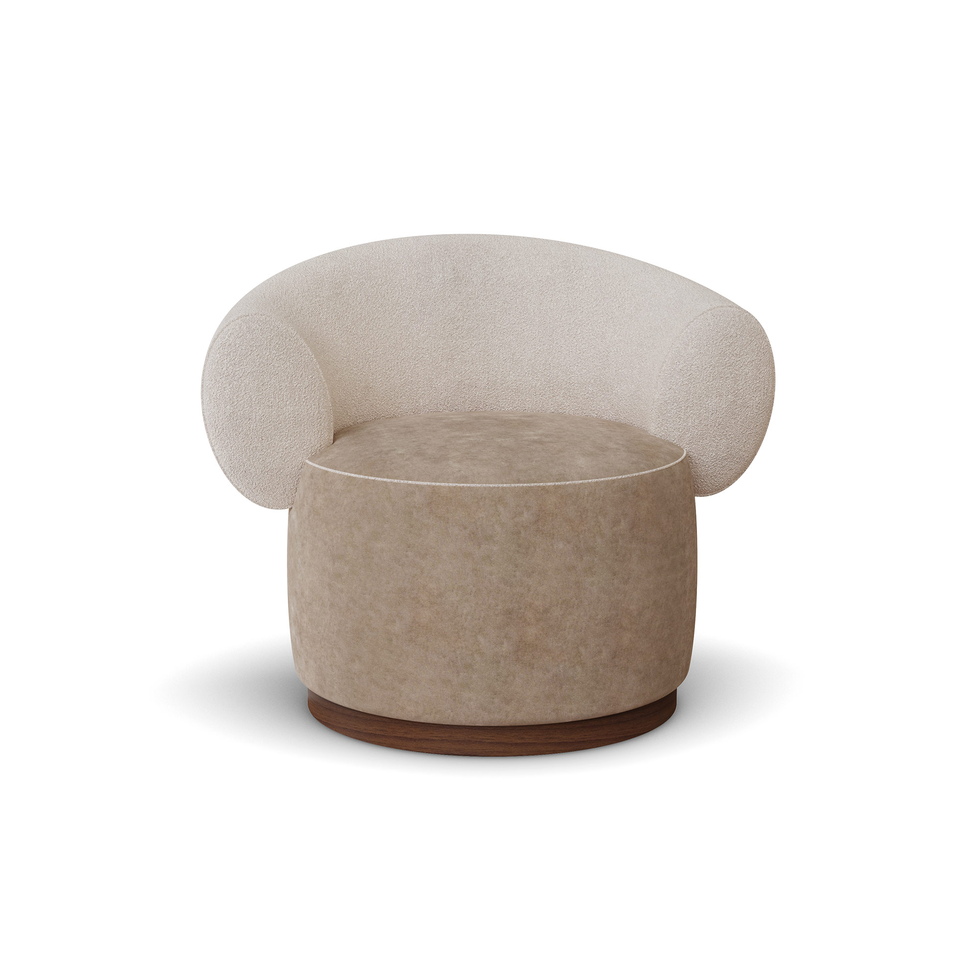 özel üretim döner koltuk, özel ölçü yuvarlak koltuk, boucle kumaş modern koltuk, ısmarlama lounge koltuk ahşap tabanlı, yumuşak form minimal koltuk