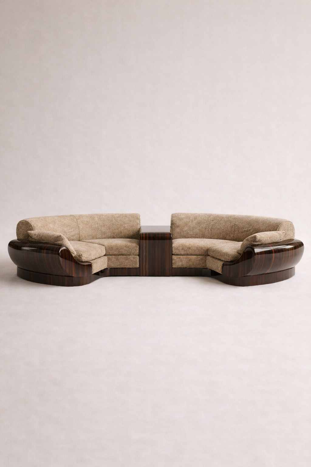özel üretim yarım daire kanepe, özel ölçü modüler kanepe tasarımı, ısmarlama lounge oturma grubu, ahşap detaylı modern kanepe, organik form büyük kanepe