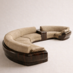 özel üretim yarım daire kanepe, özel ölçü modüler kanepe tasarımı, ısmarlama lounge oturma grubu, ahşap detaylı modern kanepe, organik form büyük kanepe