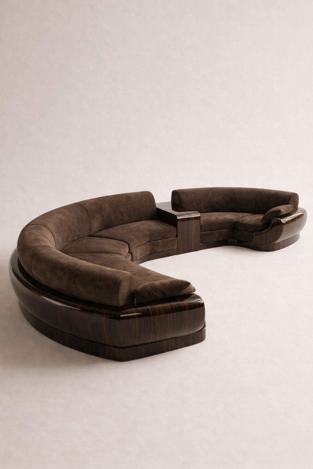 özel üretim yarım daire kanepe, özel ölçü modüler kanepe tasarımı, ısmarlama lounge oturma grubu, ahşap detaylı modern kanepe, organik form büyük kanepe