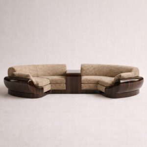 özel üretim yarım daire kanepe, özel ölçü modüler kanepe tasarımı, ısmarlama lounge oturma grubu, ahşap detaylı modern kanepe, organik form büyük kanepe