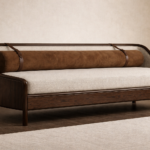 masif ahşap modern kanepe özel üretim, özel ölçü sipariş mobilya ısmarlama mobilya deri detaylı kanepe tasarım, silindirik sırtlı lüks kanepe minimal stil, japandi modern ahşap kanepe tasarım, el işçiligi rafine salon kanepe