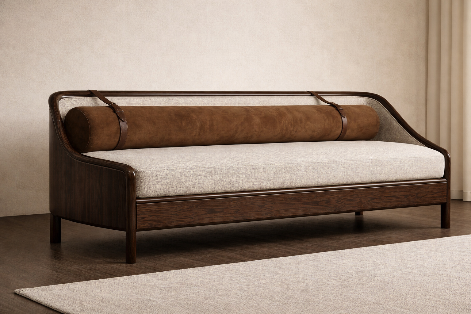 masif ahşap modern kanepe özel üretim, özel ölçü sipariş mobilya ısmarlama mobilya deri detaylı kanepe tasarım, silindirik sırtlı lüks kanepe minimal stil, japandi modern ahşap kanepe tasarım, el işçiligi rafine salon kanepe