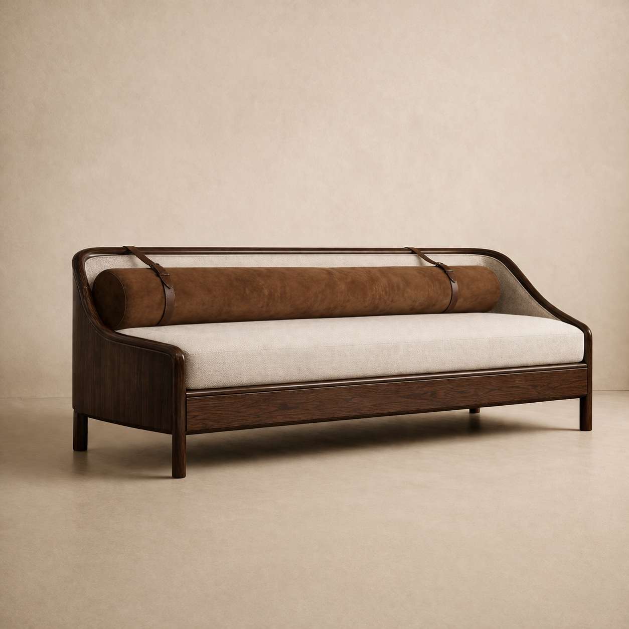 masif ahşap modern kanepe özel üretim, özel ölçü sipariş mobilya ısmarlama mobilya deri detaylı kanepe tasarım, silindirik sırtlı lüks kanepe minimal stil, japandi modern ahşap kanepe tasarım, el işçiligi rafine salon kanepe