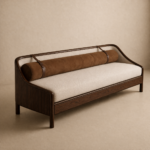 masif ahşap modern kanepe özel üretim, özel ölçü sipariş mobilya ısmarlama mobilya deri detaylı kanepe tasarım, silindirik sırtlı lüks kanepe minimal stil, japandi modern ahşap kanepe tasarım, el işçiligi rafine salon kanepe