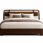 deri kemerli karyola ahşap gövdeli özel üretim, silindirik başlıklı karyola özel ölçü sipariş mobilya, ısmarlama mobilya modern yatak tasarım, masif ahşap karyola minimal detaylı, lüks modern yatak doğal ton tasarım
