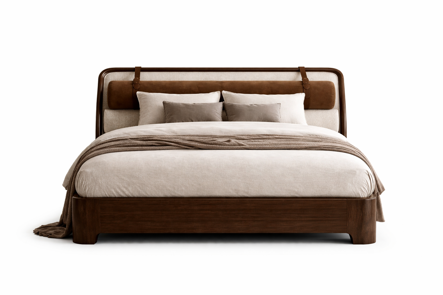 deri kemerli karyola ahşap gövdeli özel üretim, silindirik başlıklı karyola özel ölçü sipariş mobilya, ısmarlama mobilya modern yatak tasarım, masif ahşap karyola minimal detaylı, lüks modern yatak doğal ton tasarım