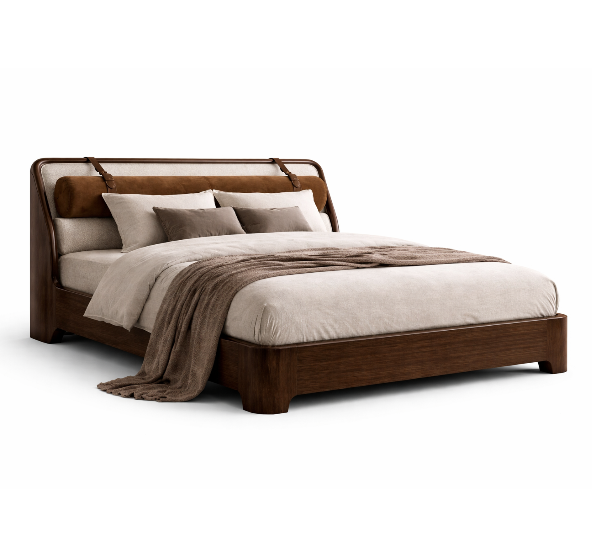 deri kemerli karyola ahşap gövdeli özel üretim, silindirik başlıklı karyola özel ölçü sipariş mobilya, ısmarlama mobilya modern yatak tasarım, masif ahşap karyola minimal detaylı, lüks modern yatak doğal ton tasarım