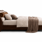 deri kemerli karyola ahşap gövdeli özel üretim, silindirik başlıklı karyola özel ölçü sipariş mobilya, ısmarlama mobilya modern yatak tasarım, masif ahşap karyola minimal detaylı, lüks modern yatak doğal ton tasarım