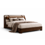 deri kemerli karyola ahşap gövdeli özel üretim, silindirik başlıklı karyola özel ölçü sipariş mobilya, ısmarlama mobilya modern yatak tasarım, masif ahşap karyola minimal detaylı, lüks modern yatak doğal ton tasarım