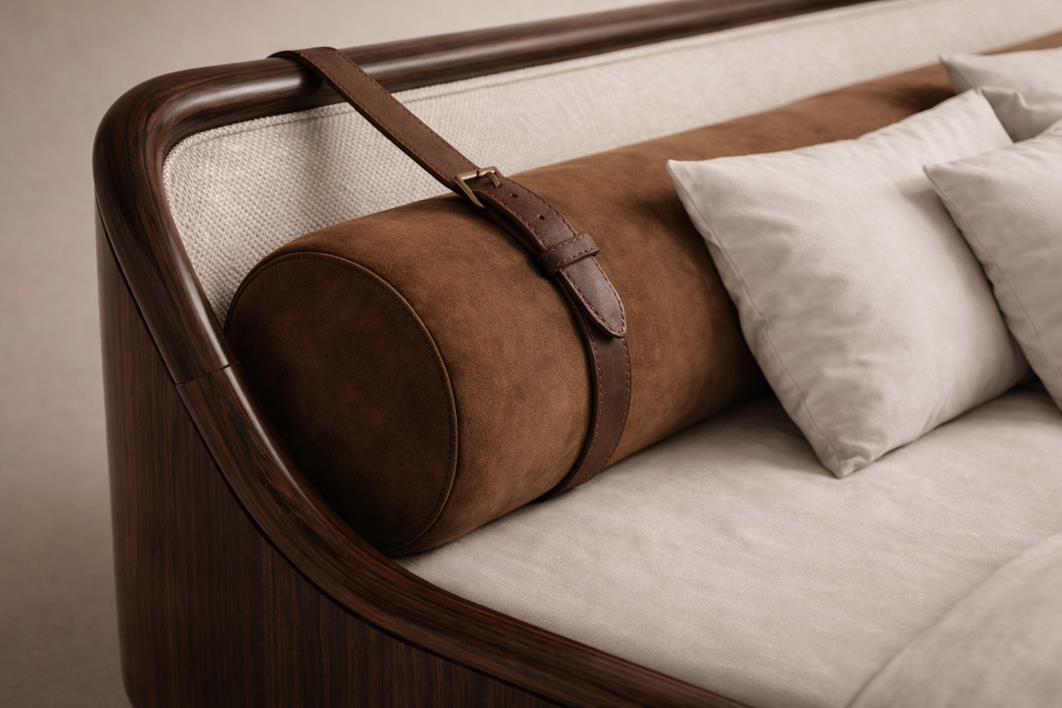 ahşap gövdeli modern karyola özel üretim, deri bant detaylı karyola özel ölçü sipariş mobilya, ısmarlama mobilya yumuşak formlu yatak tasarımı, lüks modern karyola doğal malzeme, minimalist yatak odası karyola tasarım