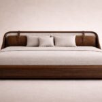 ahşap gövdeli modern karyola özel üretim, deri bant detaylı karyola özel ölçü sipariş mobilya, ısmarlama mobilya yumuşak formlu yatak tasarımı, lüks modern karyola doğal malzeme, minimalist yatak odası karyola tasarım