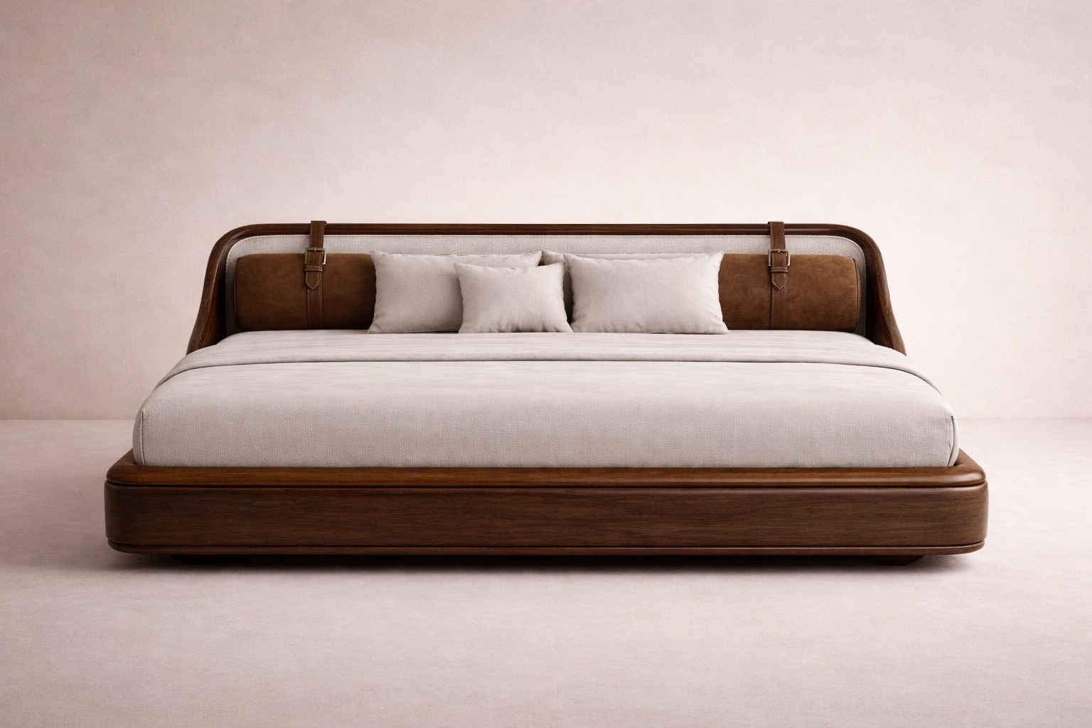 ahşap gövdeli modern karyola özel üretim, deri bant detaylı karyola özel ölçü sipariş mobilya, ısmarlama mobilya yumuşak formlu yatak tasarımı, lüks modern karyola doğal malzeme, minimalist yatak odası karyola tasarım