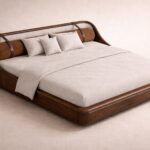 ahşap gövdeli modern karyola özel üretim, deri bant detaylı karyola özel ölçü sipariş mobilya, ısmarlama mobilya yumuşak formlu yatak tasarımı, lüks modern karyola doğal malzeme, minimalist yatak odası karyola tasarım