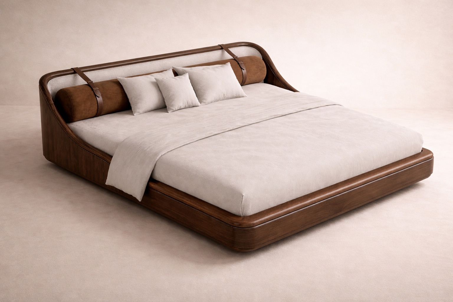 ahşap gövdeli modern karyola özel üretim, deri bant detaylı karyola özel ölçü sipariş mobilya, ısmarlama mobilya yumuşak formlu yatak tasarımı, lüks modern karyola doğal malzeme, minimalist yatak odası karyola tasarım