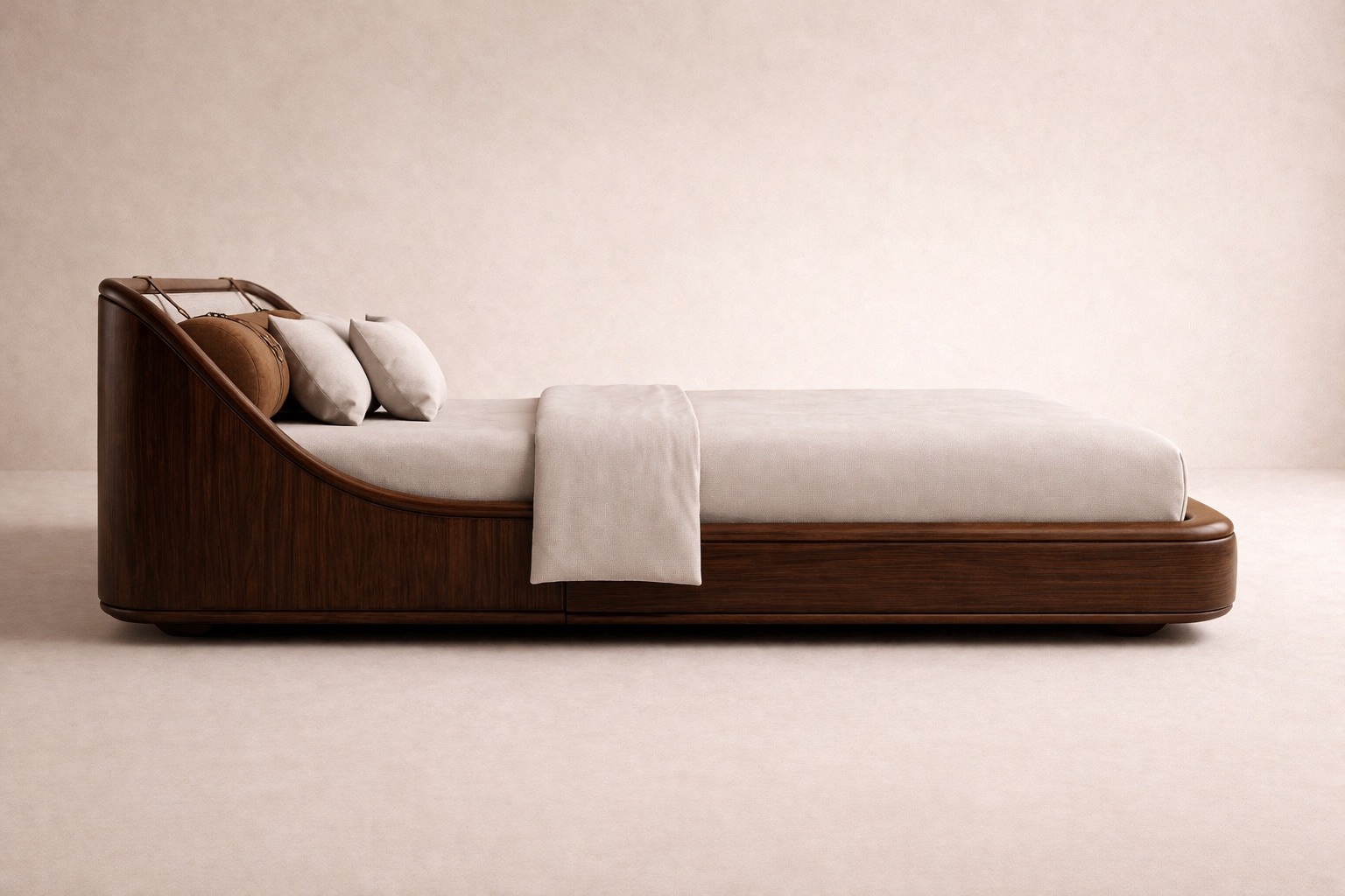 ahşap gövdeli modern karyola özel üretim, deri bant detaylı karyola özel ölçü sipariş mobilya, ısmarlama mobilya yumuşak formlu yatak tasarımı, lüks modern karyola doğal malzeme, minimalist yatak odası karyola tasarım