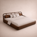 ahşap gövdeli modern karyola özel üretim, deri bant detaylı karyola özel ölçü sipariş mobilya, ısmarlama mobilya yumuşak formlu yatak tasarımı, lüks modern karyola doğal malzeme, minimalist yatak odası karyola tasarım
