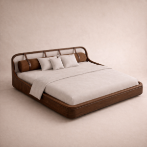 ahşap gövdeli modern karyola özel üretim, deri bant detaylı karyola özel ölçü sipariş mobilya, ısmarlama mobilya yumuşak formlu yatak tasarımı, lüks modern karyola doğal malzeme, minimalist yatak odası karyola tasarım