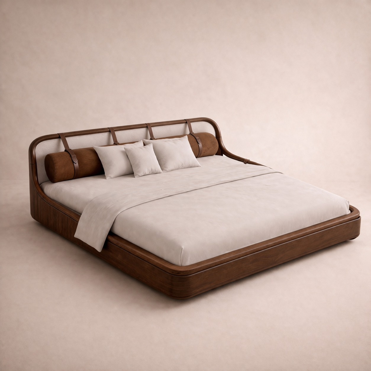 ahşap gövdeli modern karyola özel üretim, deri bant detaylı karyola özel ölçü sipariş mobilya, ısmarlama mobilya yumuşak formlu yatak tasarımı, lüks modern karyola doğal malzeme, minimalist yatak odası karyola tasarım