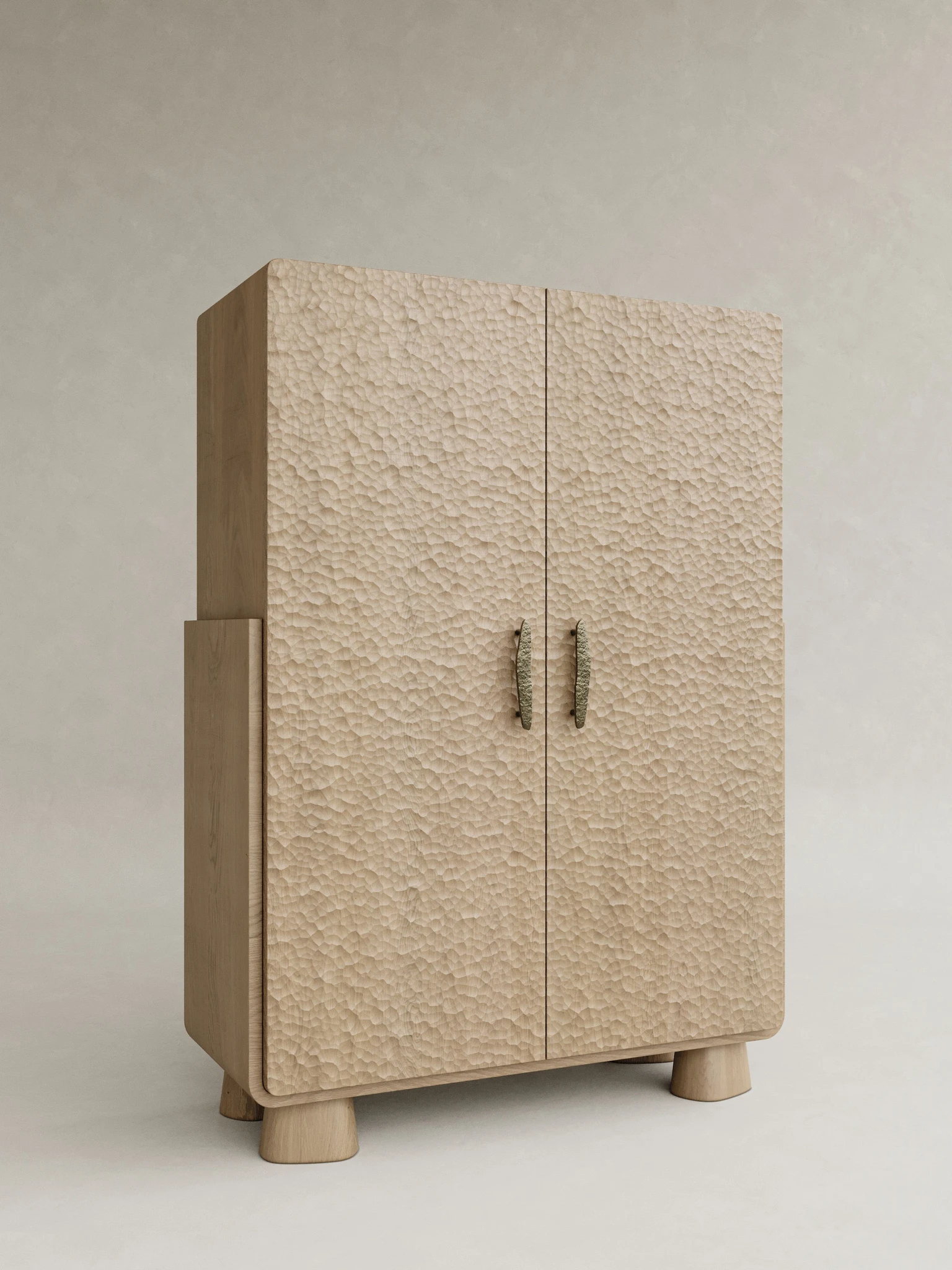 oyma dokulu vitrin büfe doğal ahşap özel üretim, el işçiligi kapaklı büfe özel ölçü sipariş mobilya, ısmarlama mobilya modern vitrin dolap tasarım, dokulu yüzey büfe minimal ahşap depolama, naturel ton vitrin büfe tasarım mobilya