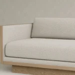 dokulu ahşap çerçeveli kanepe özel üretim, el işçiligi yan panelli kanepe özel ölçü sipariş mobilya, ısmarlama mobilya modern minimal kanepe tasarım, naturel ton kanepe boucle kumaş detaylı, mimari form kanepe ahşap çerçeve tasarım