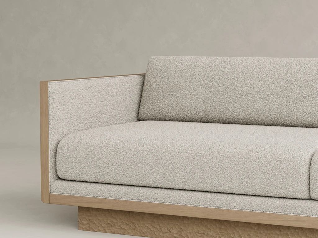 dokulu ahşap çerçeveli kanepe özel üretim, el işçiligi yan panelli kanepe özel ölçü sipariş mobilya, ısmarlama mobilya modern minimal kanepe tasarım, naturel ton kanepe boucle kumaş detaylı, mimari form kanepe ahşap çerçeve tasarım