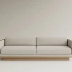 dokulu ahşap çerçeveli kanepe özel üretim, el işçiligi yan panelli kanepe özel ölçü sipariş mobilya, ısmarlama mobilya modern minimal kanepe tasarım, naturel ton kanepe boucle kumaş detaylı, mimari form kanepe ahşap çerçeve tasarım