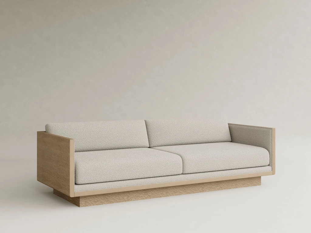 dokulu ahşap çerçeveli kanepe özel üretim, el işçiligi yan panelli kanepe özel ölçü sipariş mobilya, ısmarlama mobilya modern minimal kanepe tasarım, naturel ton kanepe boucle kumaş detaylı, mimari form kanepe ahşap çerçeve tasarım