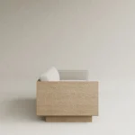 dokulu ahşap çerçeveli kanepe özel üretim, el işçiligi yan panelli kanepe özel ölçü sipariş mobilya, ısmarlama mobilya modern minimal kanepe tasarım, naturel ton kanepe boucle kumaş detaylı, mimari form kanepe ahşap çerçeve tasarım