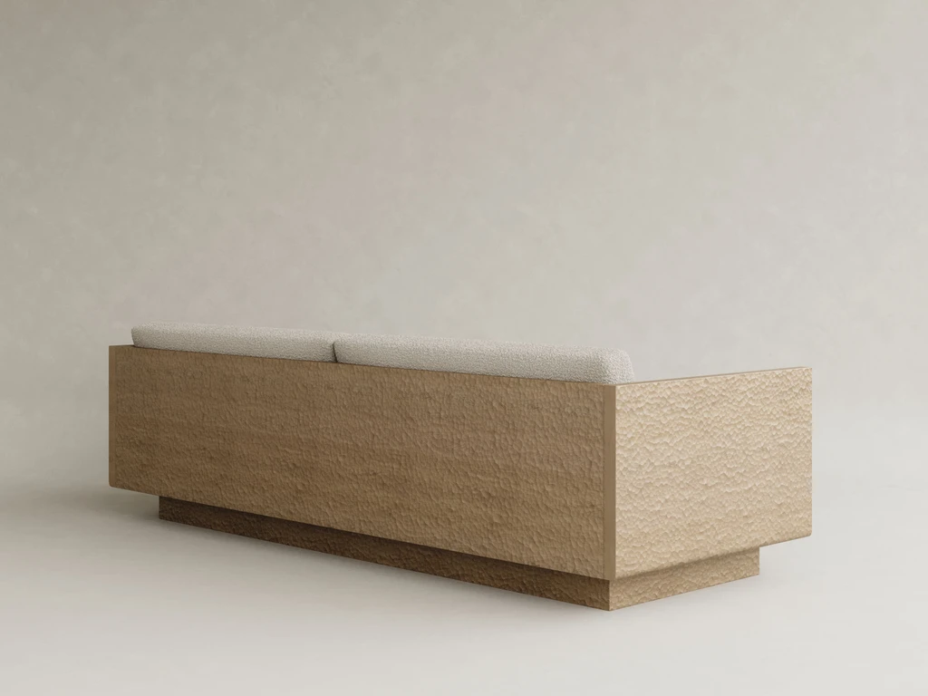 dokulu ahşap çerçeveli kanepe özel üretim, el işçiligi yan panelli kanepe özel ölçü sipariş mobilya, ısmarlama mobilya modern minimal kanepe tasarım, naturel ton kanepe boucle kumaş detaylı, mimari form kanepe ahşap çerçeve tasarım